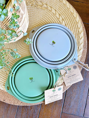 Green and gray collapsible dog bowl on a wooden table.