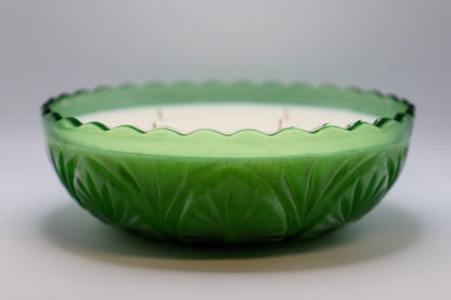 Green Medallion Bowl by Anchor Hocking with "Snake" scented soy candle.