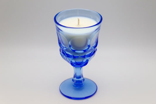 Bright Argus Blue stemware with Galactic Sky scented soy candle. 