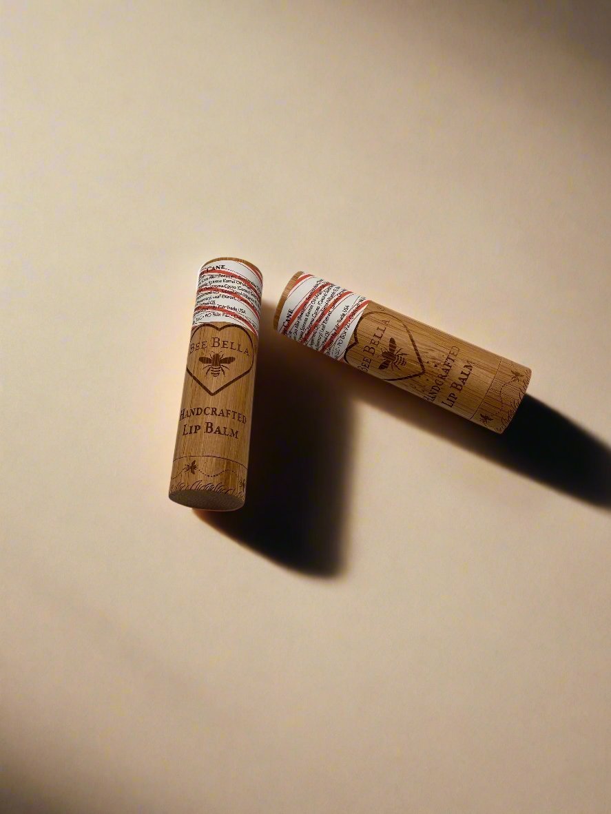 2 Candy Cane Lip balms in bamboo containers.