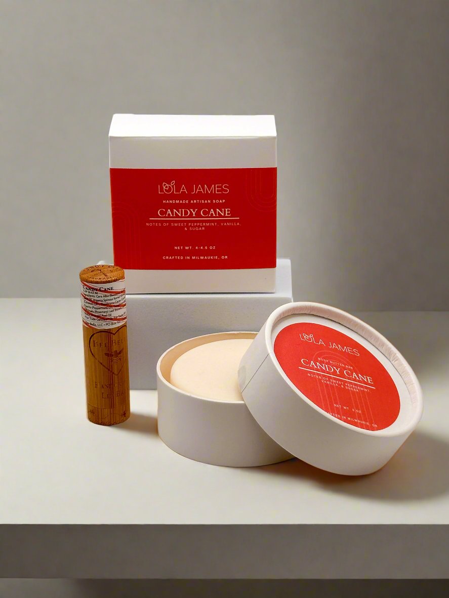 Candy Cane soap box, lip balm, and body butter.