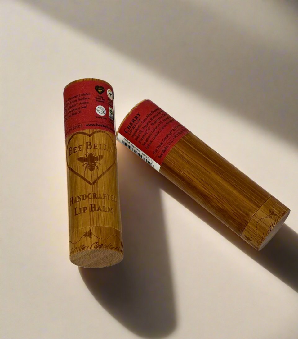 2 cherry lip balms with bamboo containers