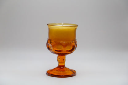 Mid Century Amber Color Crown Wine glass by Colony, with Black Amber and Plum or Matcha and Bergamot scented soy candle