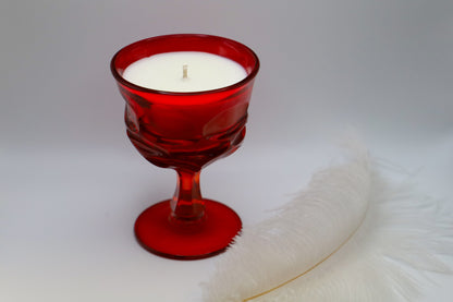 Argus Ruby Vintage Glassware by Fostoria with soy candle in "Lion" scent