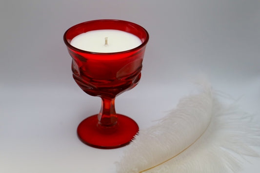 Argus Ruby Vintage Glassware by Fostoria with soy candle in "Lion" scent