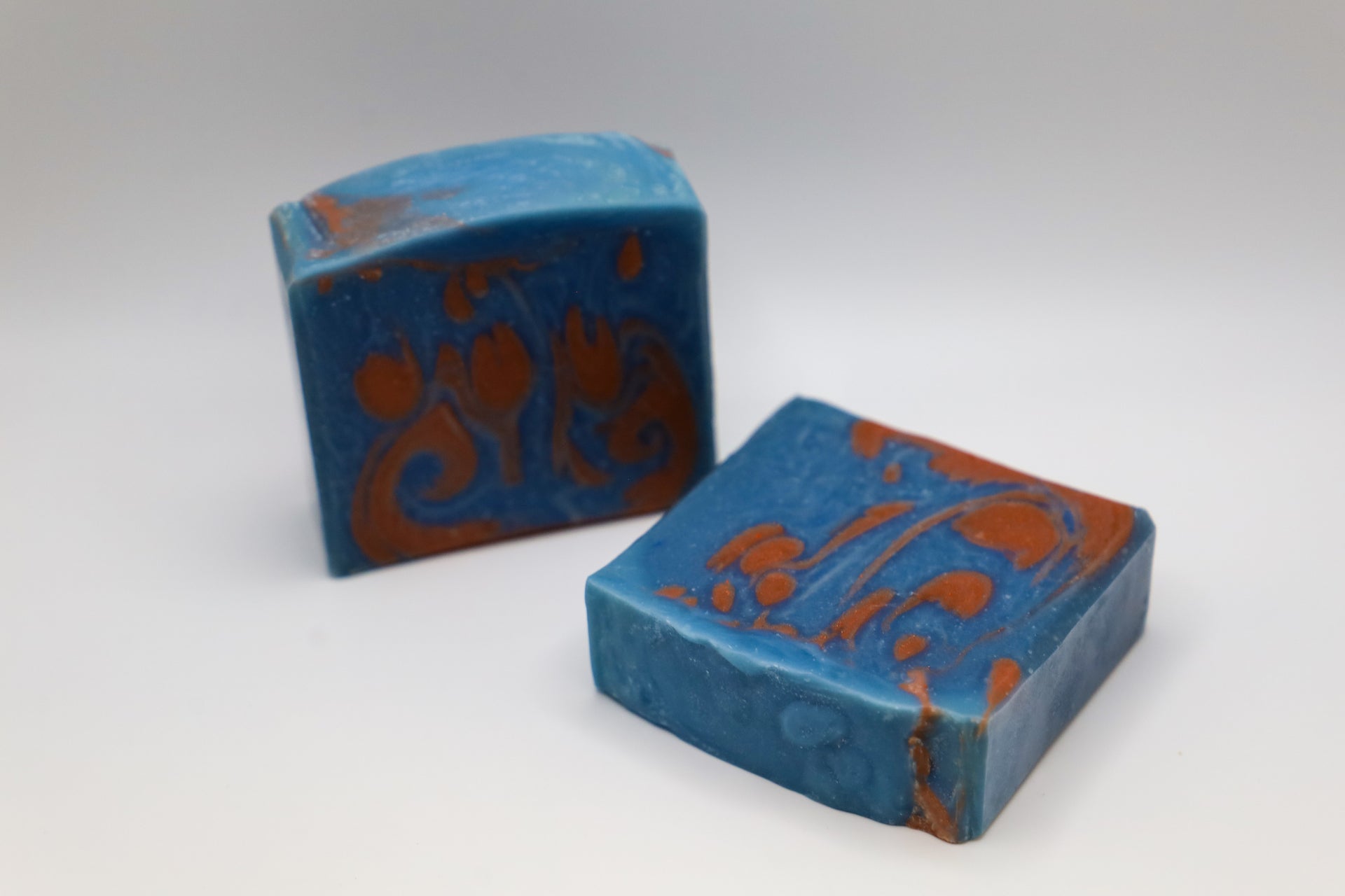Handmade soap, blue and bronze in Galactic Skies scent.