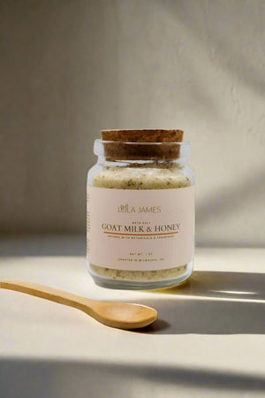 Goat milk and honey bath salts with bamboo spoon