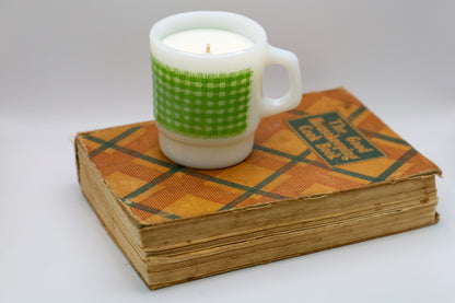 Green Gingham Stackable Mug by Fire King with Apricot and Green Tea scented soy candle