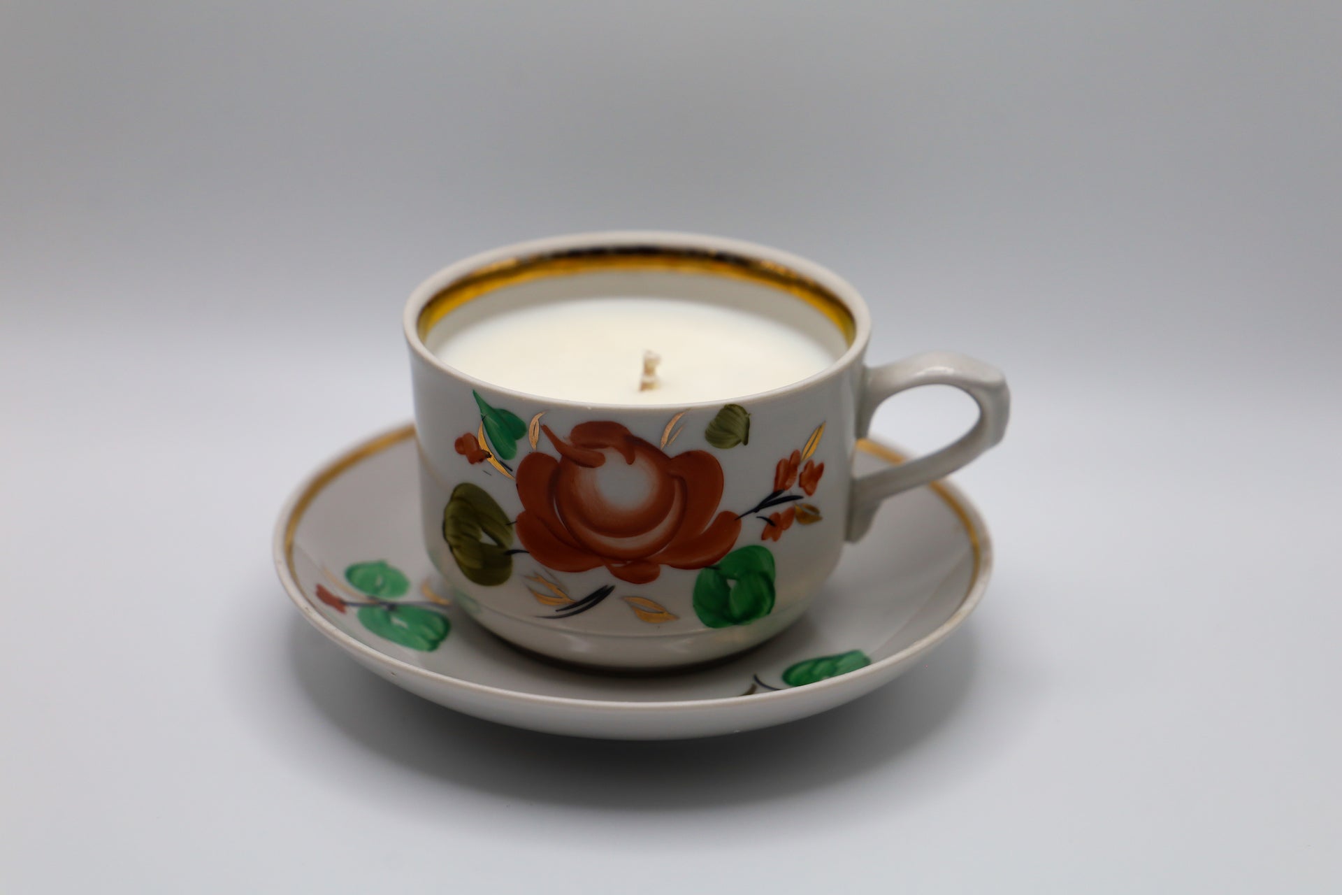 Hand Painted Tea Cup with Gold detail, contains Lush Succulent soy candle