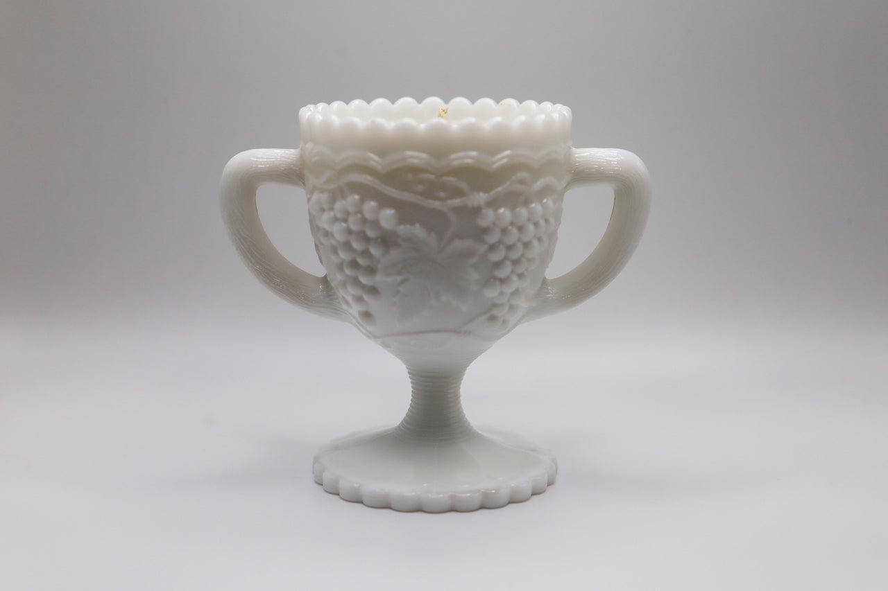 Milk Glass sugar bowl in Vintage Grape pattern with White Currant scented soy candle