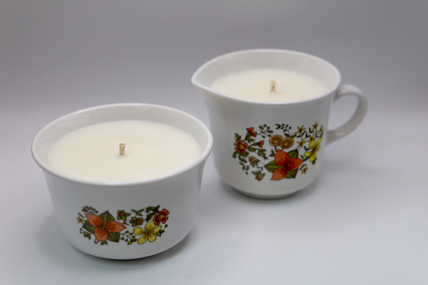 Corelle Indian Summer Creamer and Sugar Set with Lavender scented soy candles.