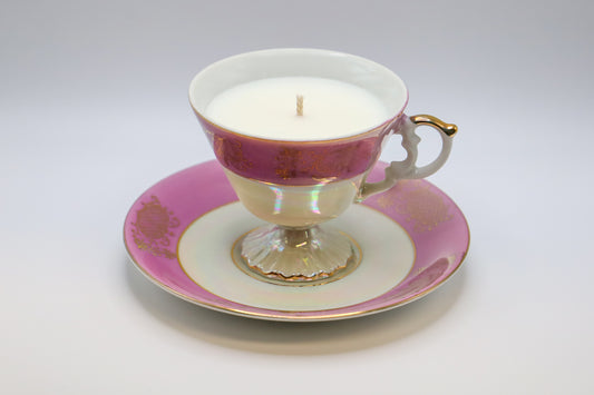 Pink Lustre Tea Cup with Pink Sugar Crystals scented soy candle.