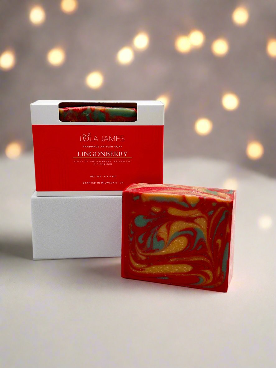 Holiday soap with swirling pattern of red, green, & gold