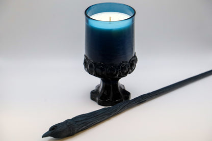 Madeira Dark Blue Water Goblet with Galactic Sky scented soy candle.