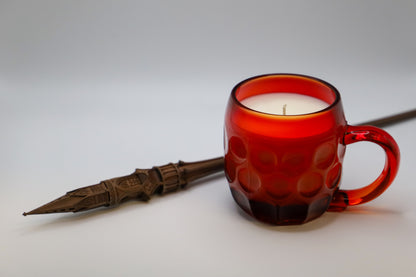 Ruby Polka Dot Mug with hand poured soy candle in "Lion" scent