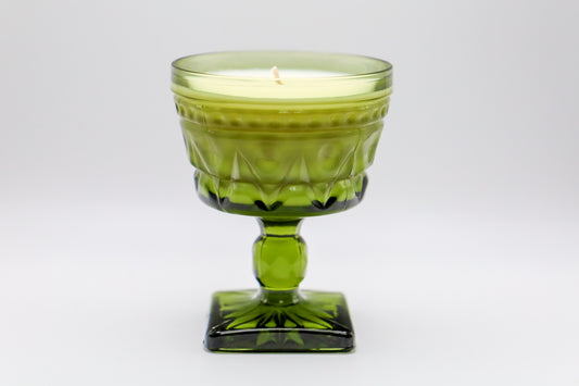 Parklane Green Sherbet Glass with Cedar and Amber scented soy candle