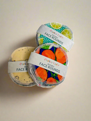 Stack of reusable face rounds in citrus pattern.