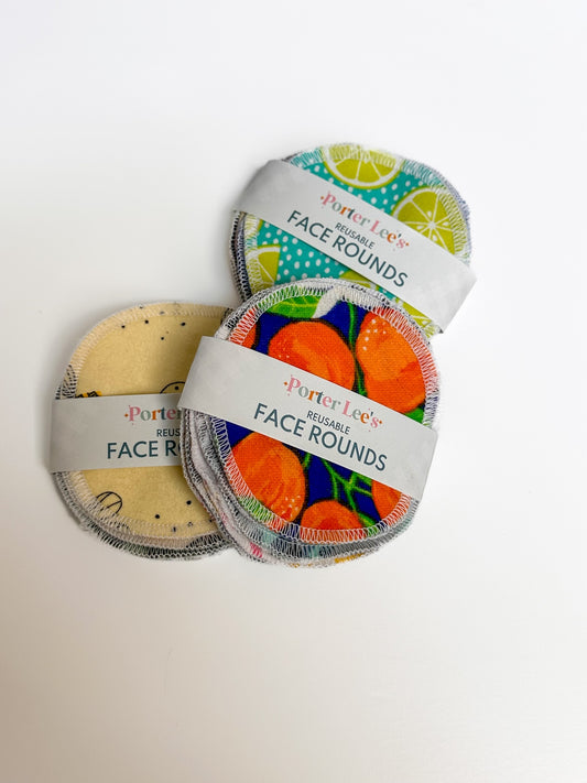 Stack of reusable face rounds in citrus pattern.