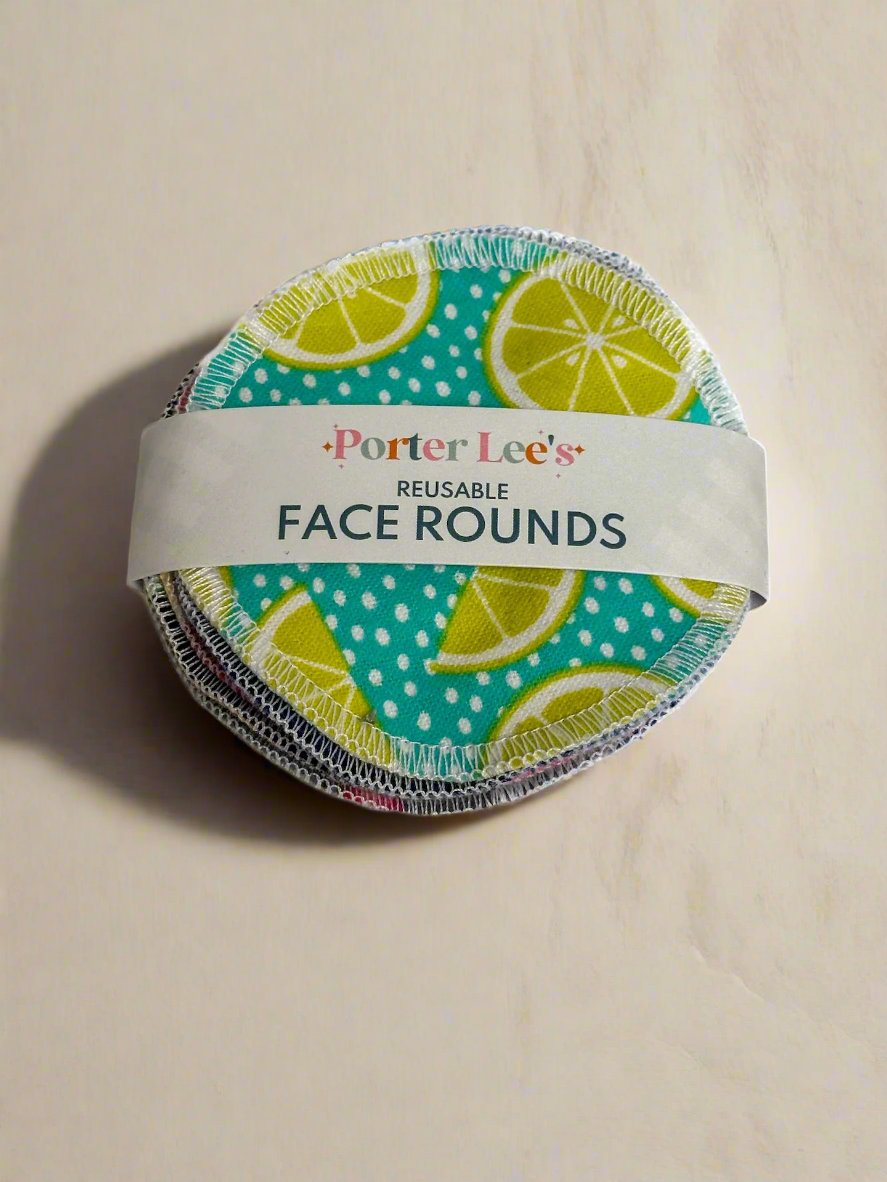 Reusable face rounds with blue polka dot background and lime pattern.