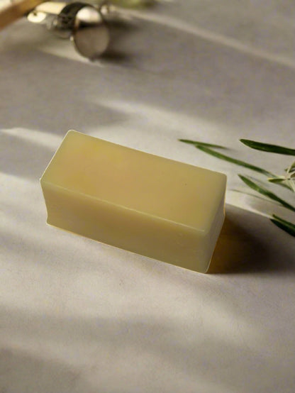 Dish soap bar sitting on a counter with green leaves.