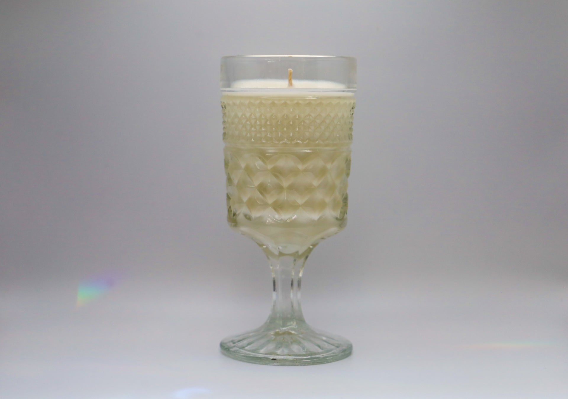 Wexford Water Goblet by Anchor Hocking filled with soy candle in multiple scents